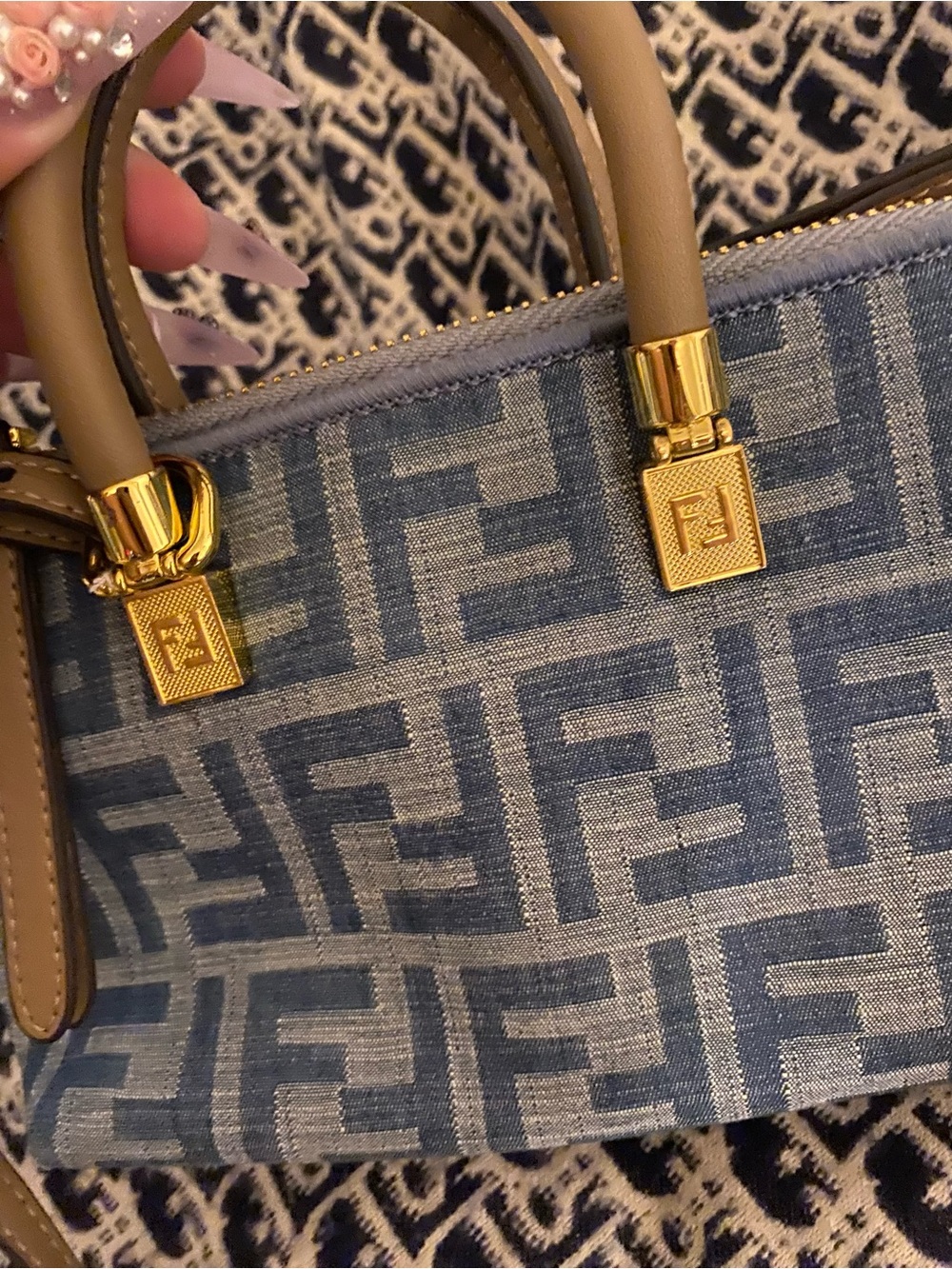 Fendi Blue FF Canvas Mini Bag with Tan Leather Handles - Picture 2 of 8